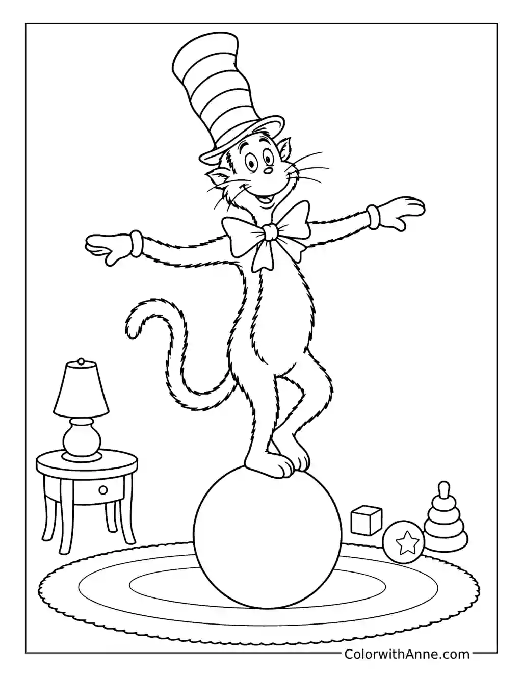 Cat in the Hat Balancing on a Ball coloring page