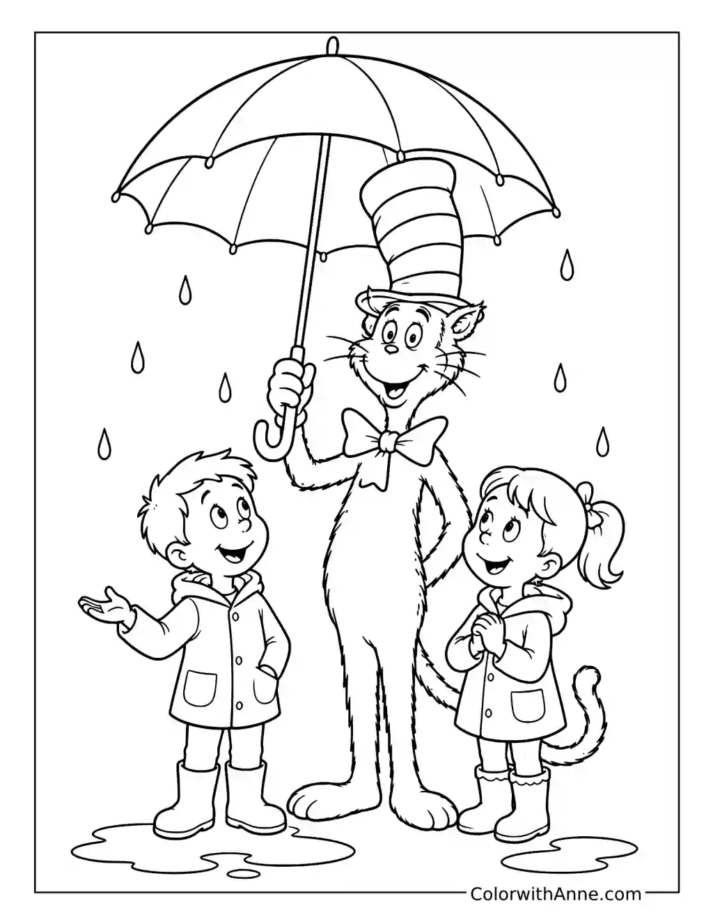 Cat in the Hat Sharing an Umbrella coloring page