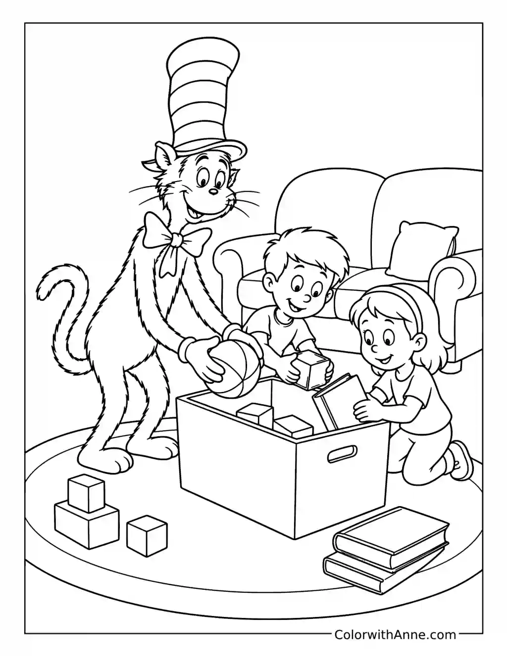Cat in the Hat Tidying the Living Room coloring page