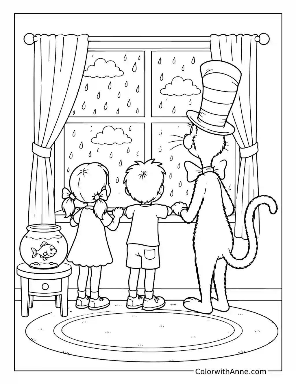 Cat in the Hat Watching the Rain coloring page