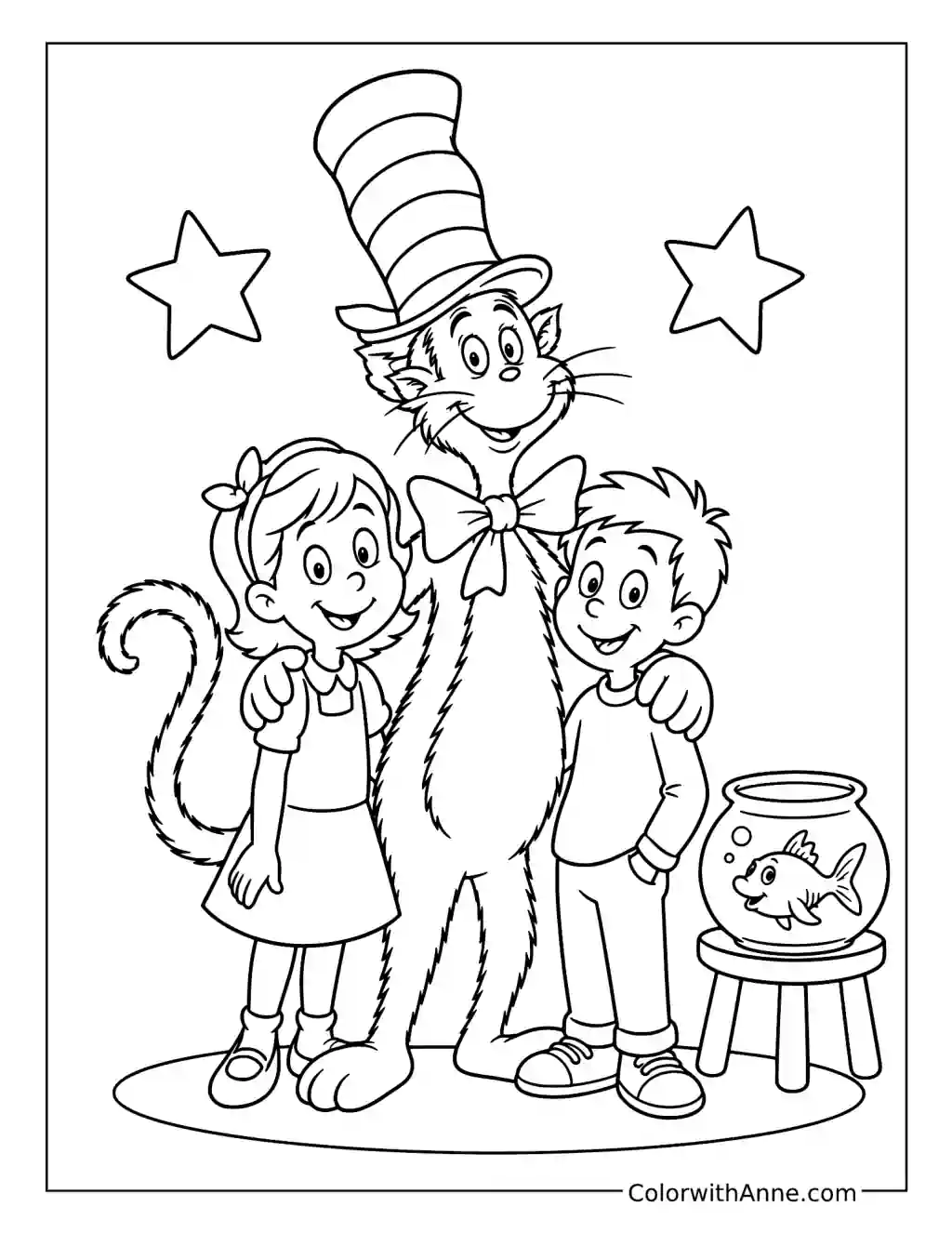 Cat in the Hat with Sally and Her Brother coloring page