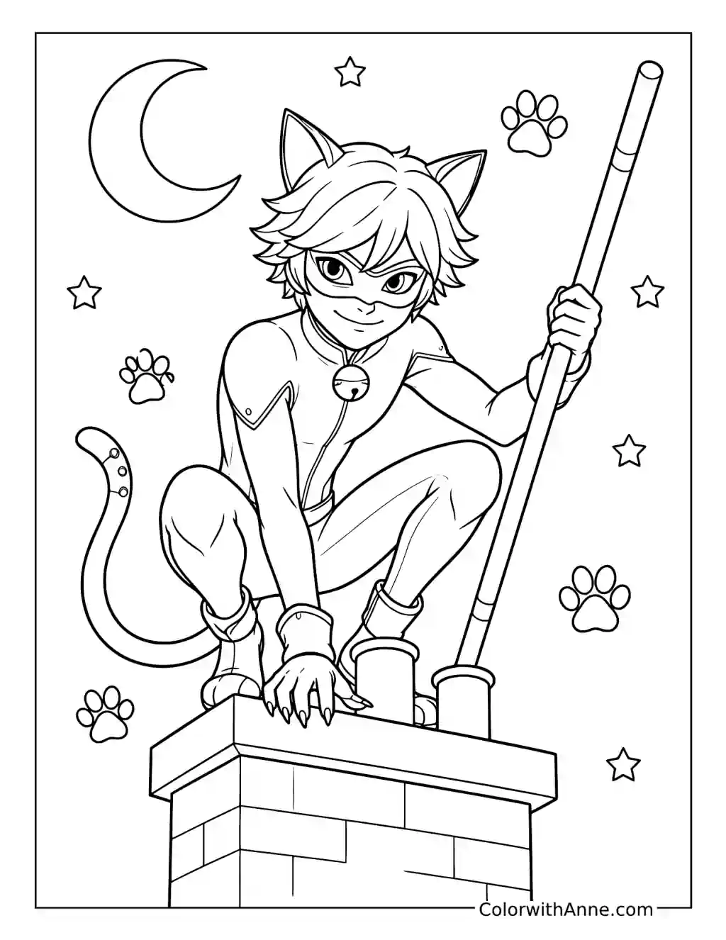 Cat Noir Crouching on a Rooftop coloring page