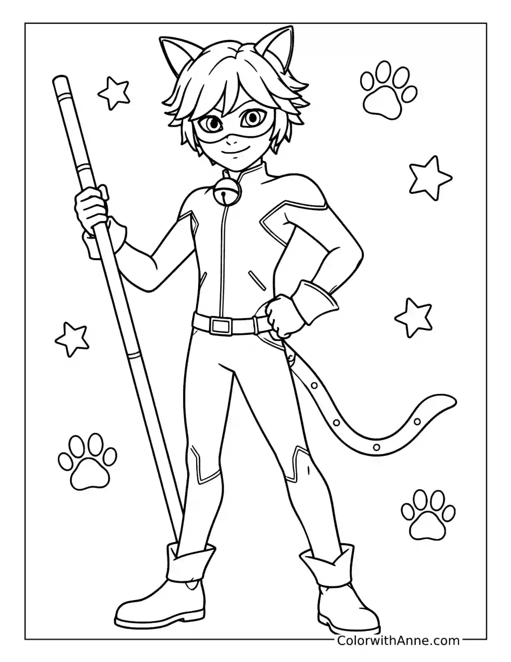 Cat Noir Standing with His Staff coloring page
