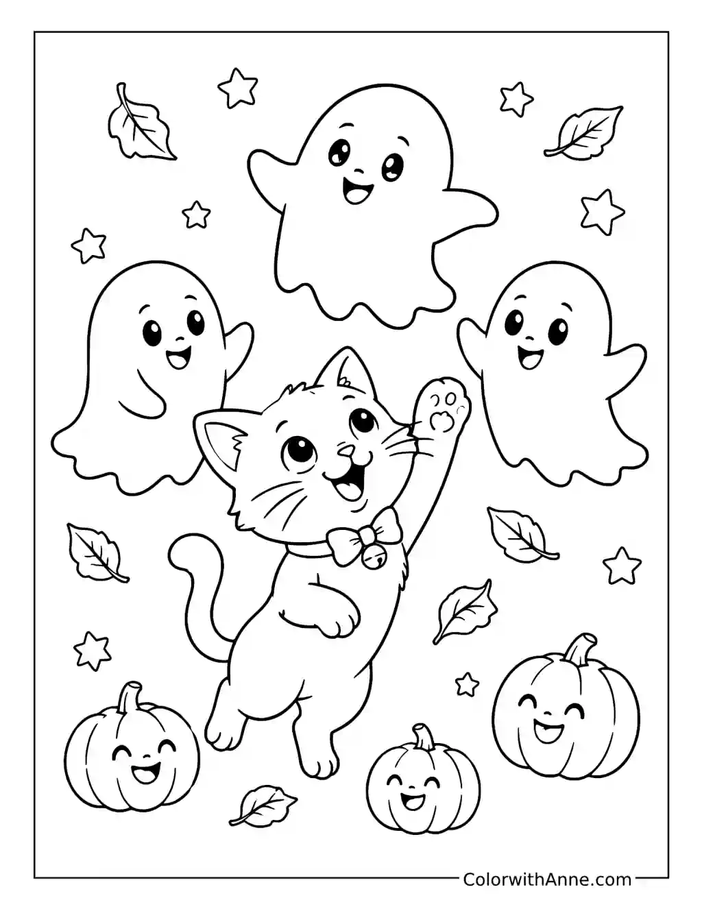 Cat Playing with Friendly Ghosts coloring page
