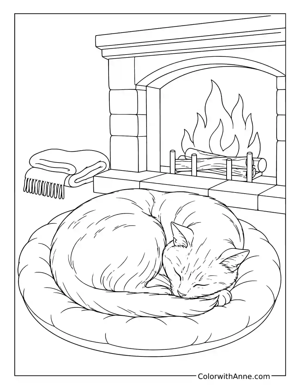 Cat Sleeping by the Fireplace coloring page