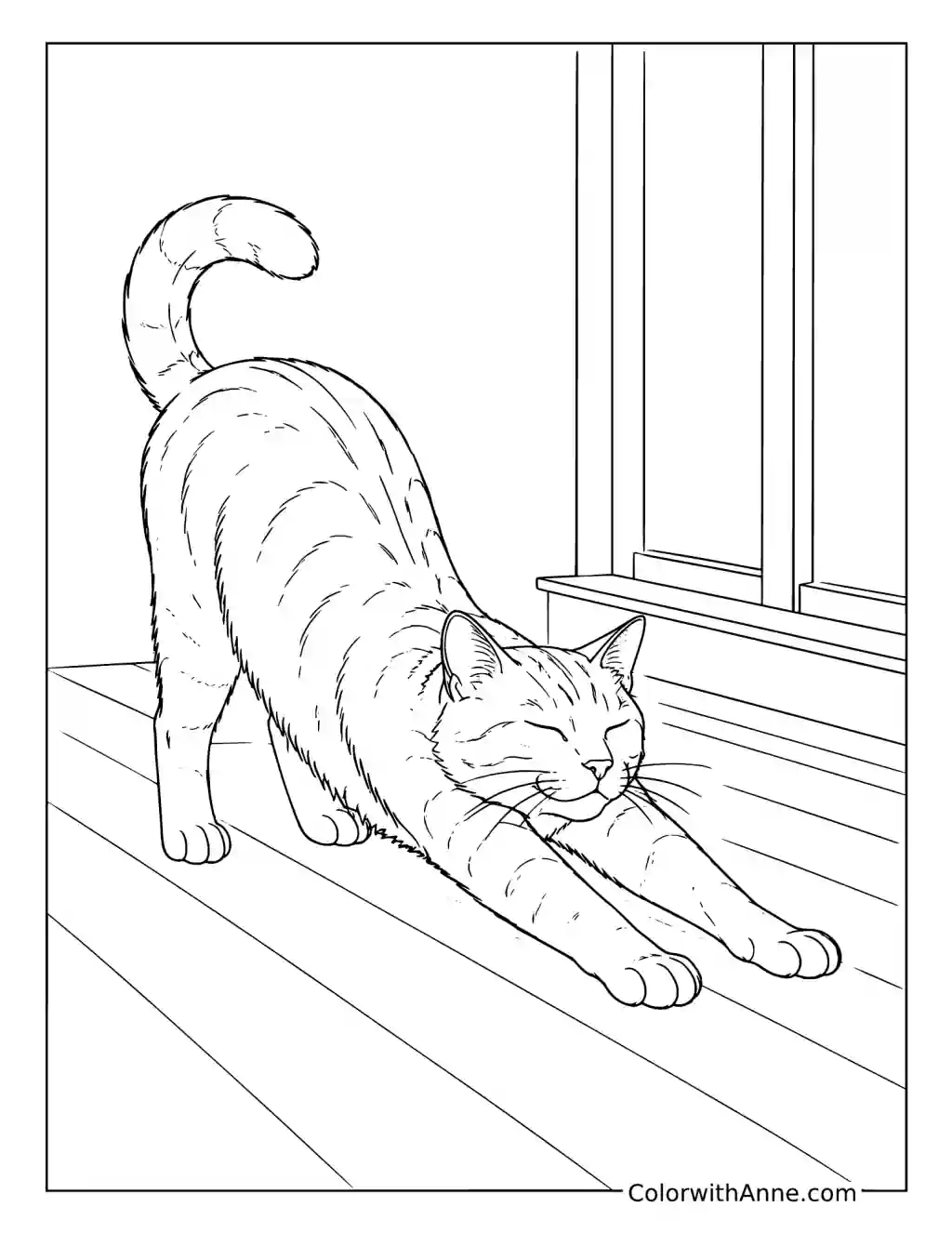 Cat Stretching on a Wooden Floor coloring page