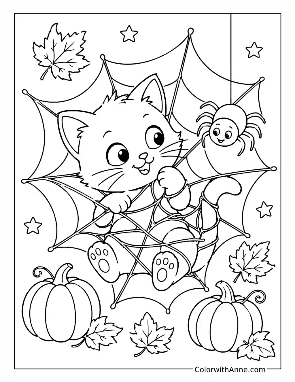 Cat Tangled in a Spiderweb coloring page