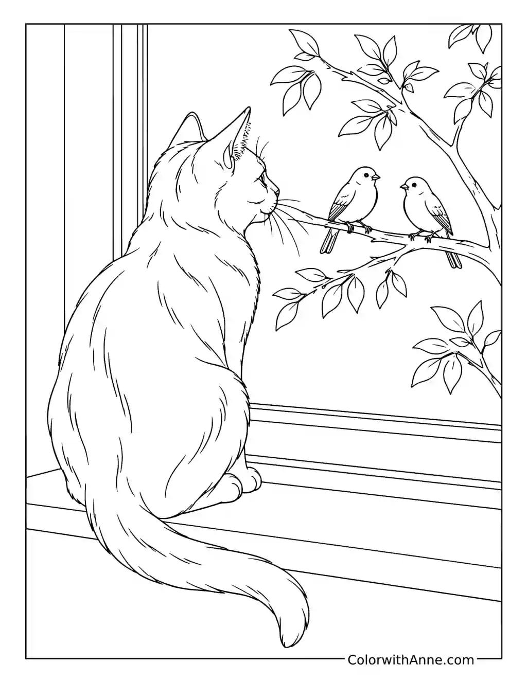 Cat Watching Birds from the Window coloring page