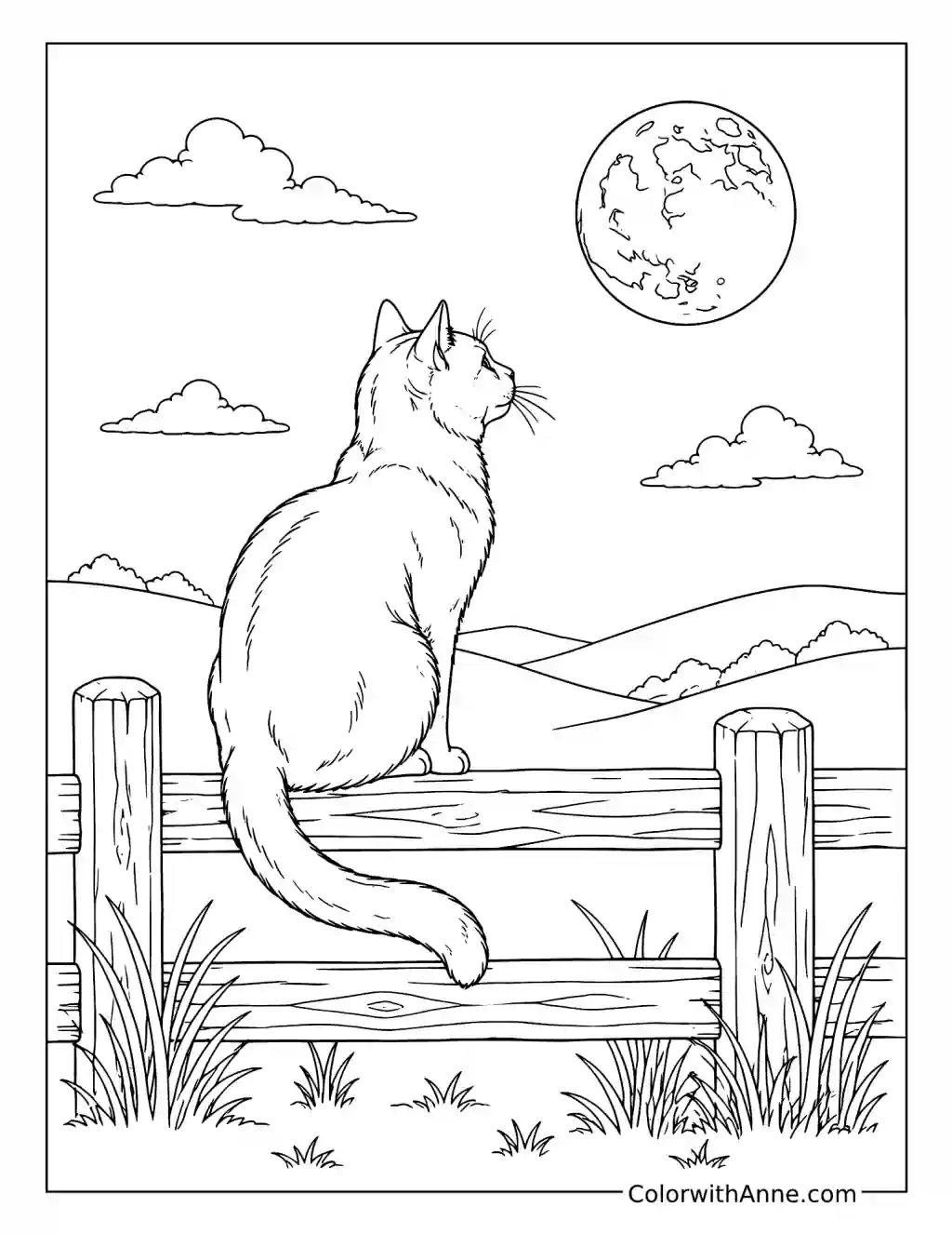 Cat Watching the Full Moon from a Wooden Fence coloring page