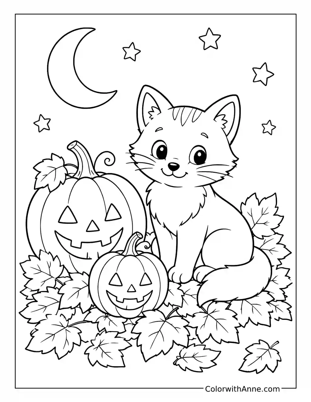 Cat with Pumpkins Beneath the Moon and Stars coloring page
