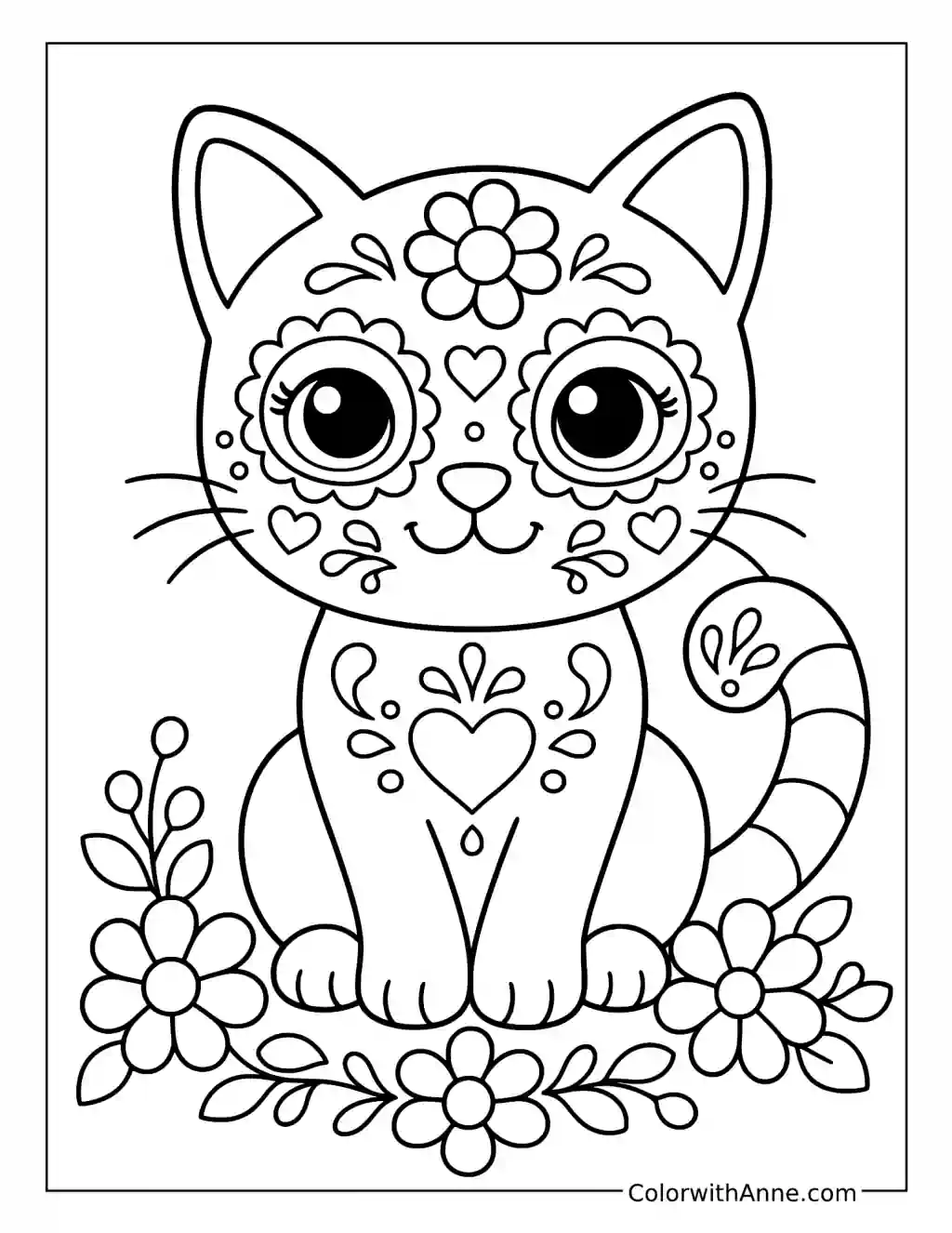 Cat with Sugar Skull Face Paint and Flowers coloring page