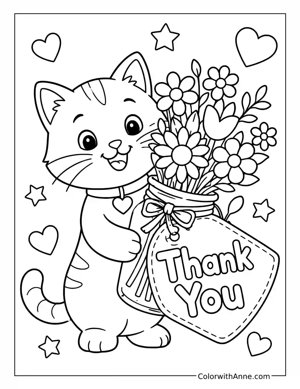 Cat with Thank You Flower Jar coloring page