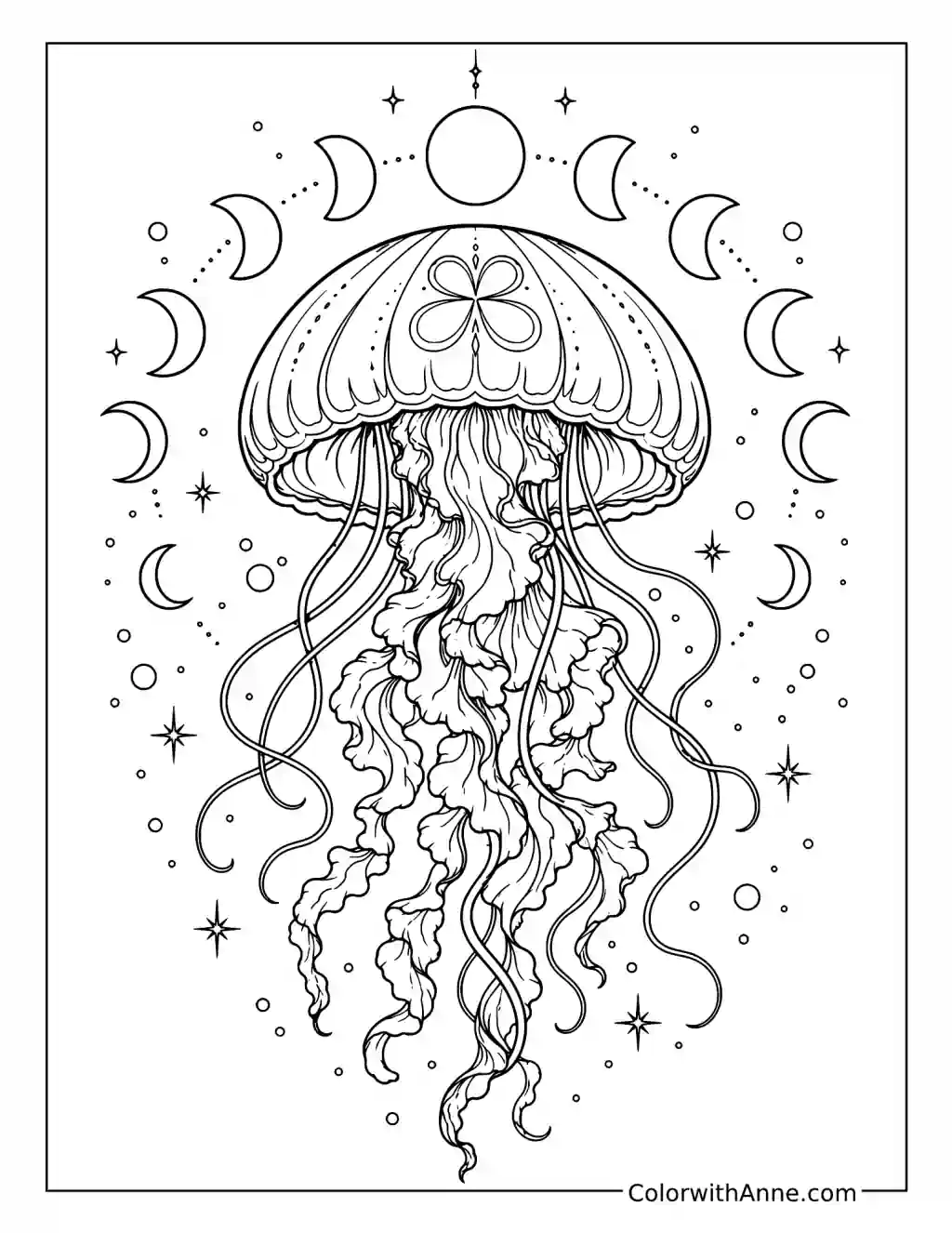 Celestial Jellyfish Beneath Moon Phases coloring page