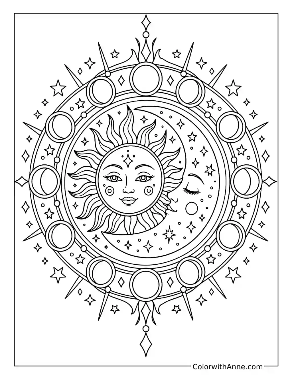 Celestial Sun and Moon Mandala coloring page