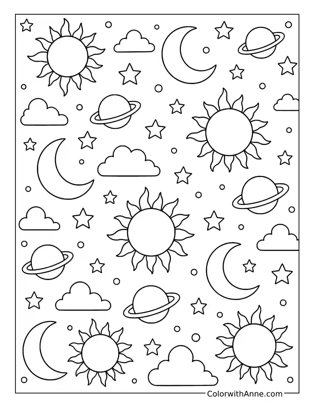 Celestial Sun Moon and Stars Pattern coloring page