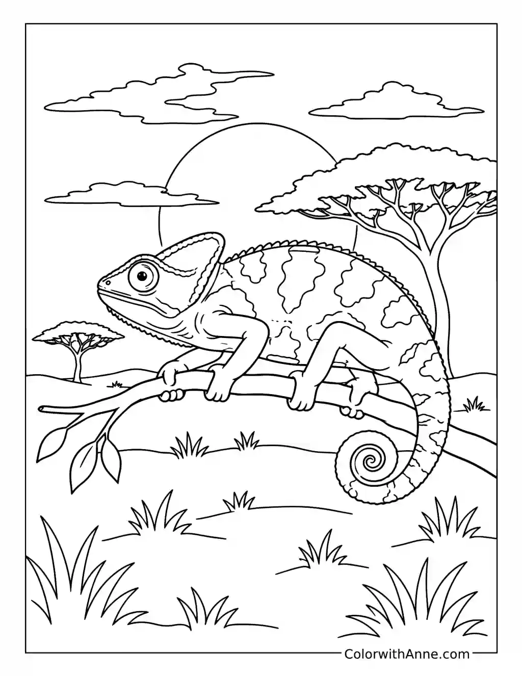 Chameleon at Sunset in the Savanna coloring page