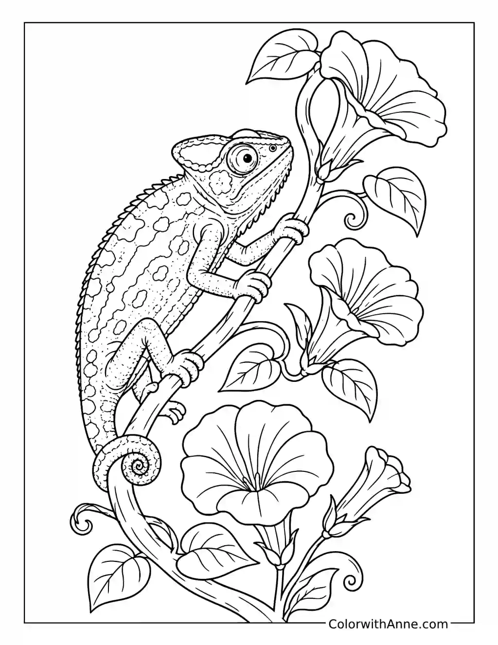 Chameleon Climbing a Flowering Vine coloring page