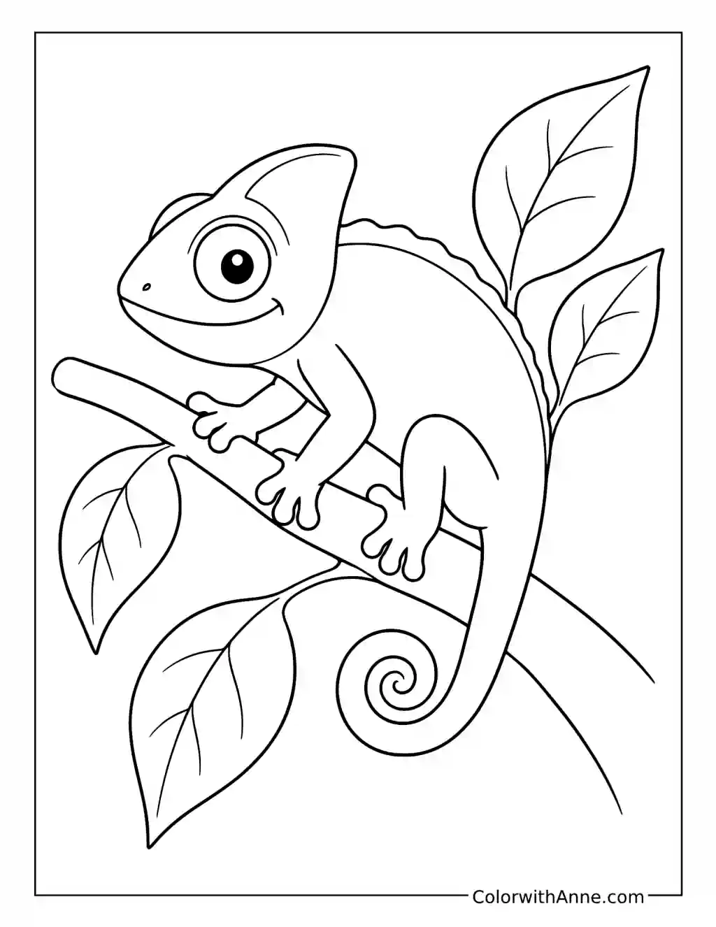 Chameleon Climbing a Leafy Branch coloring page