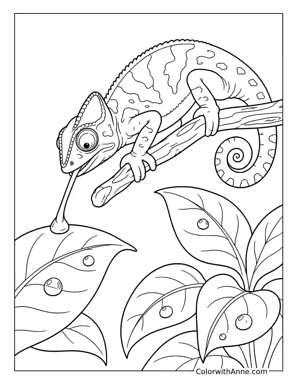 Chameleon Drinking Water Droplets coloring page