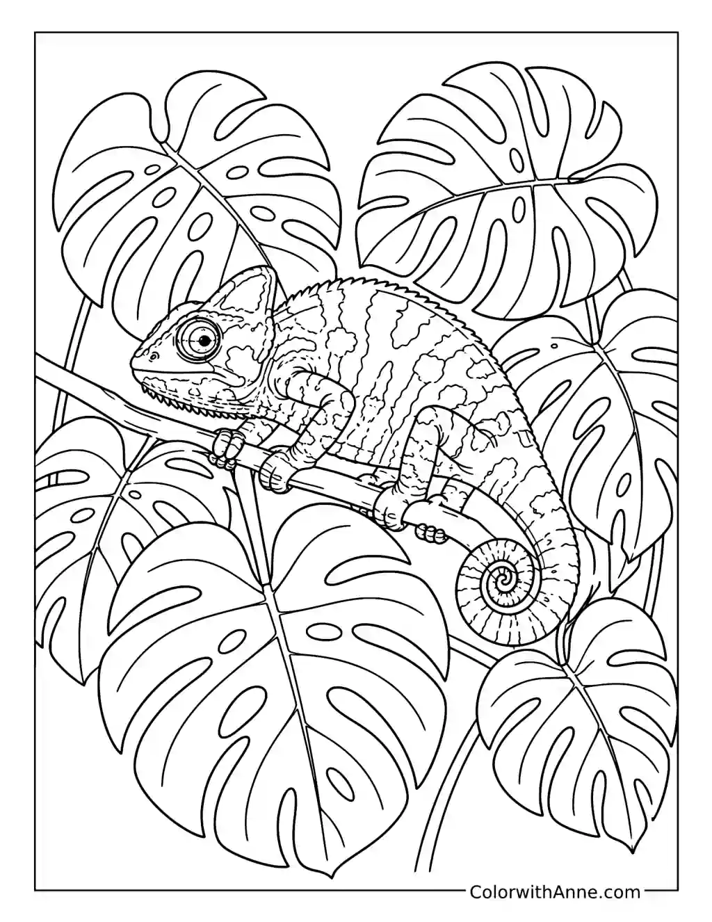 Chameleon Hidden Among Monstera Leaves coloring page