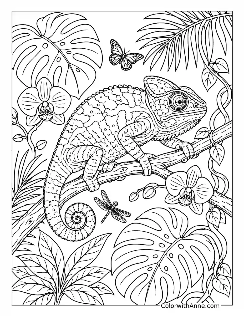 Chameleon in a Lush Rainforest Canopy coloring page