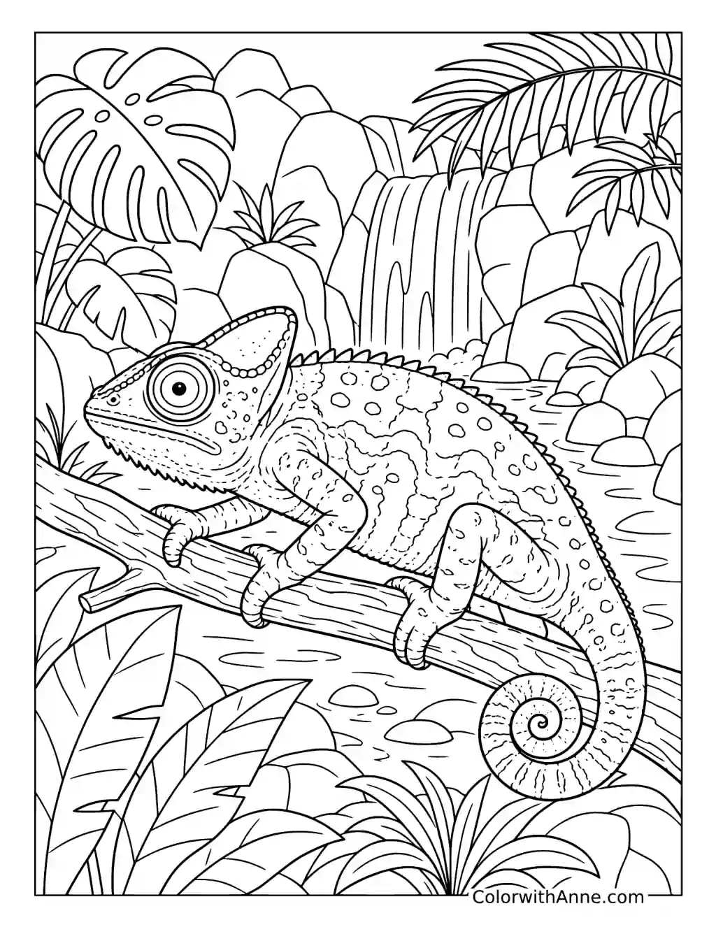 Chameleon Near a Jungle Waterfall coloring page