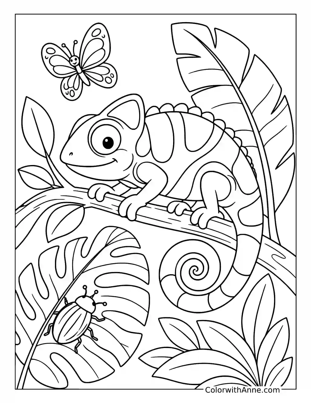 Chameleon on a Jungle Branch with a Butterfly and Beetle coloring page