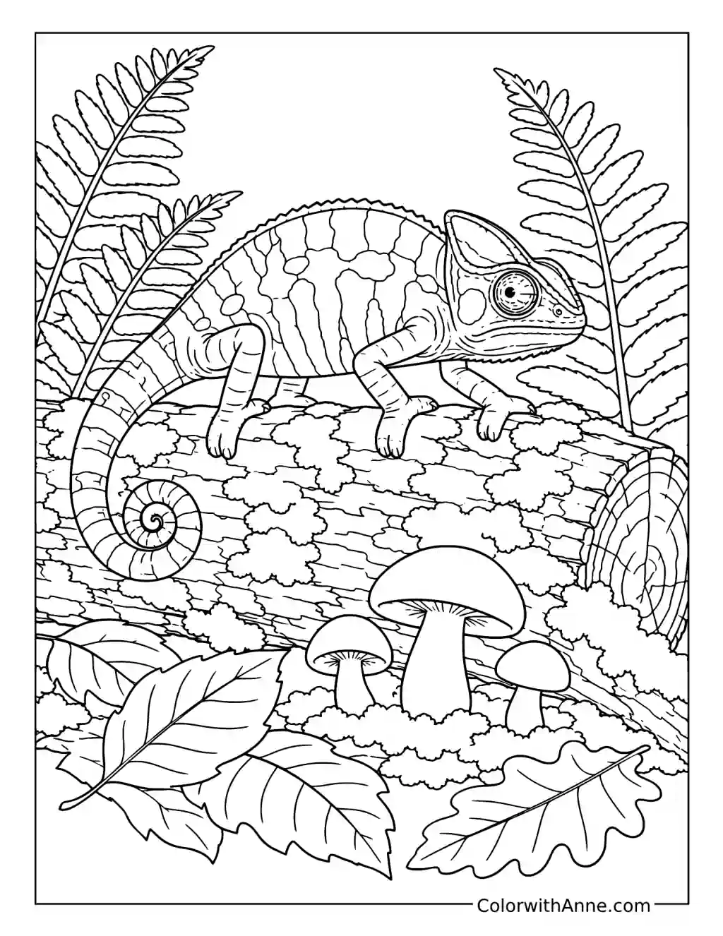 Chameleon Resting on a Mossy Log coloring page