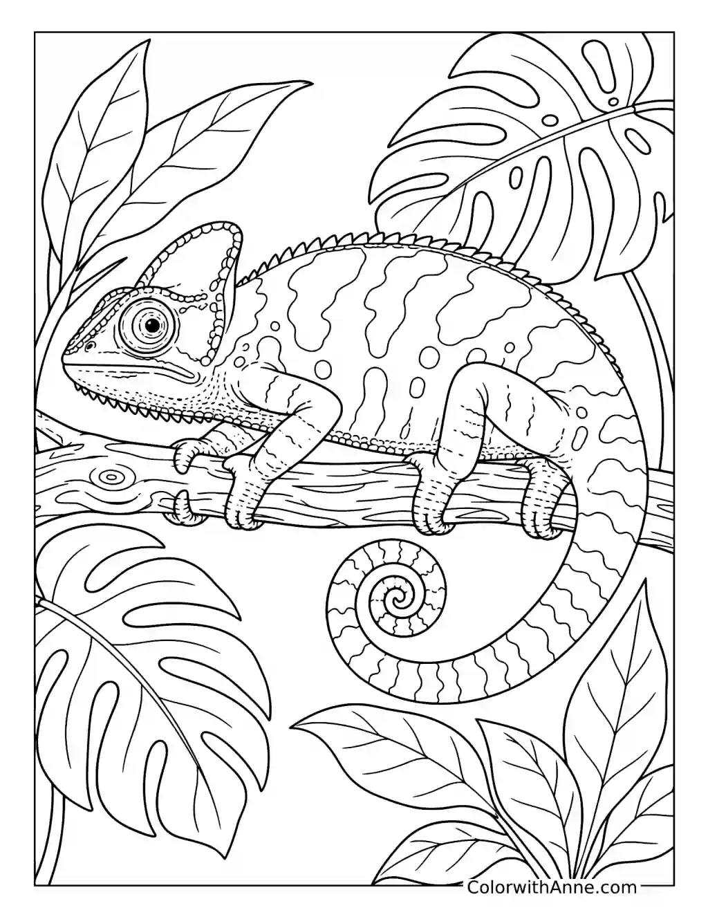 Chameleon Resting on a Tropical Branch coloring page