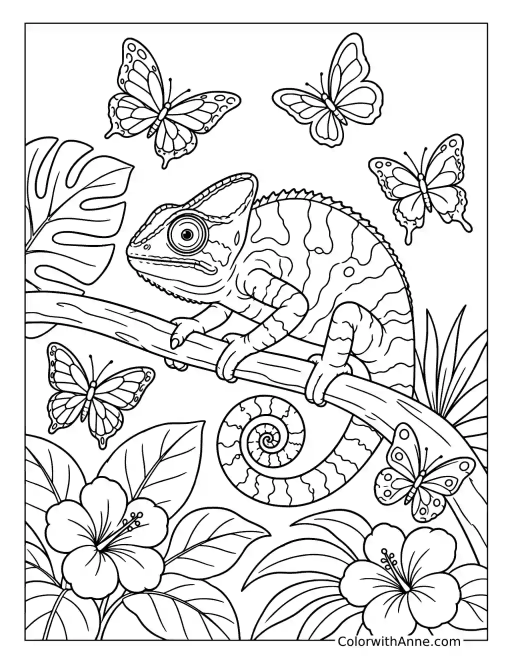 Chameleon Surrounded by Jungle Butterflies coloring page