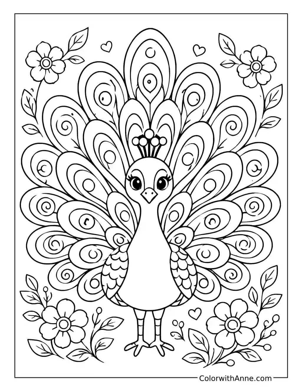 Charming Front-Facing Peacock coloring page