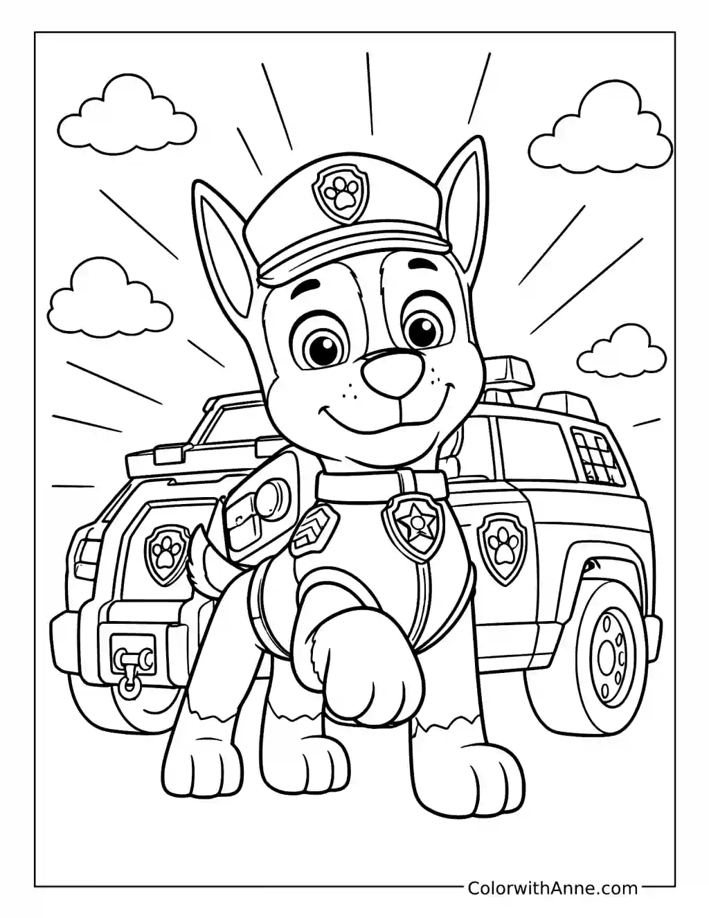 Chase Hero Pose with Police Cruiser coloring page