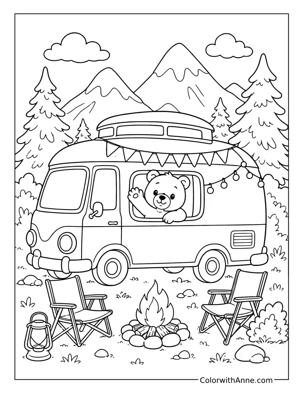 Cheerful Camper Van Mountain Campout coloring page