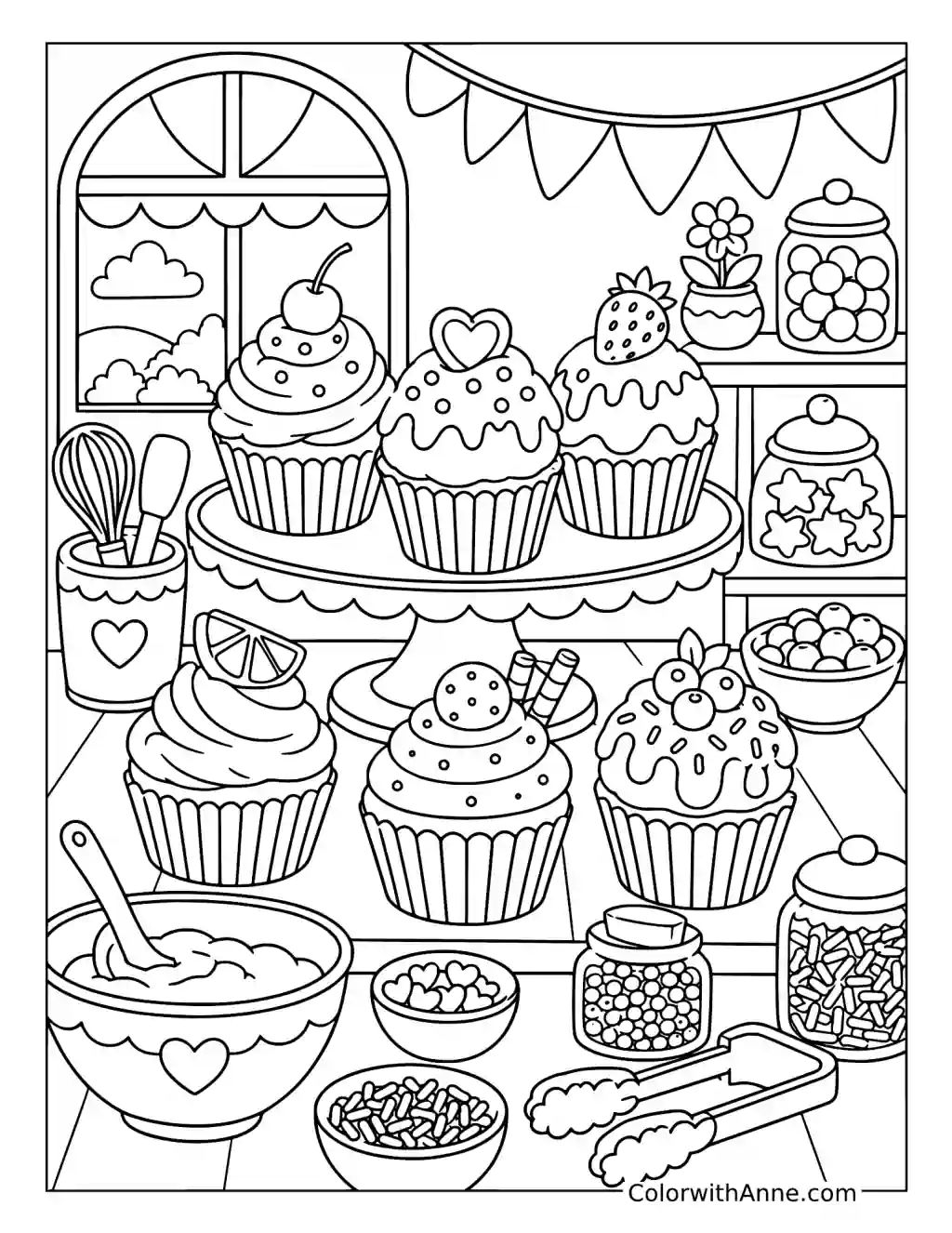 Cheerful Cupcake Bakery Counter coloring page