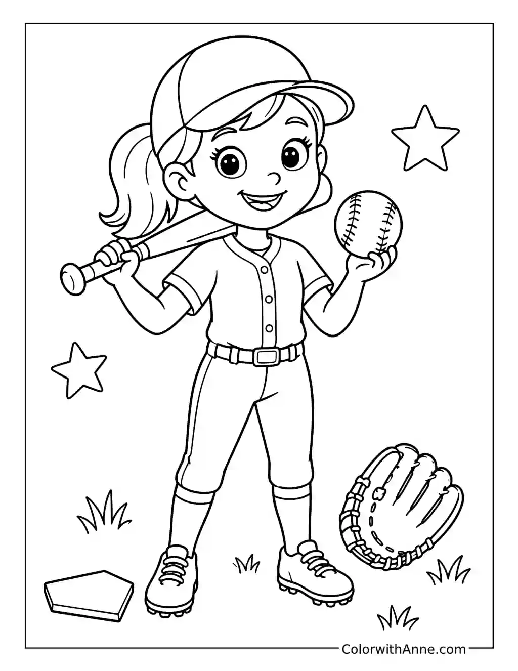 Cheerful Girl Softball coloring page