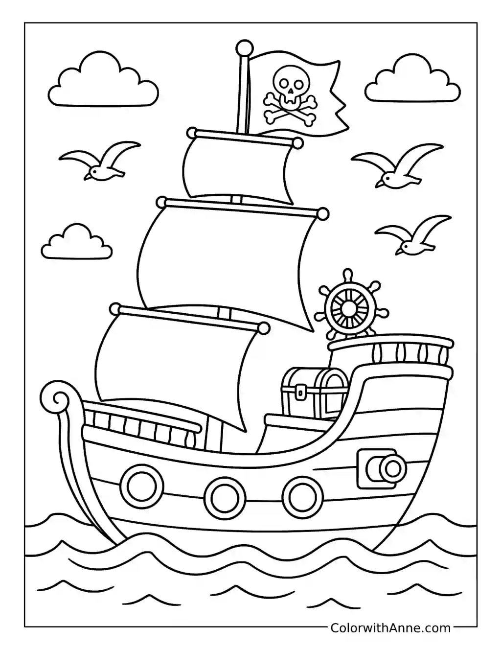 Cheerful Pirate Ship with Treasure Chest coloring page