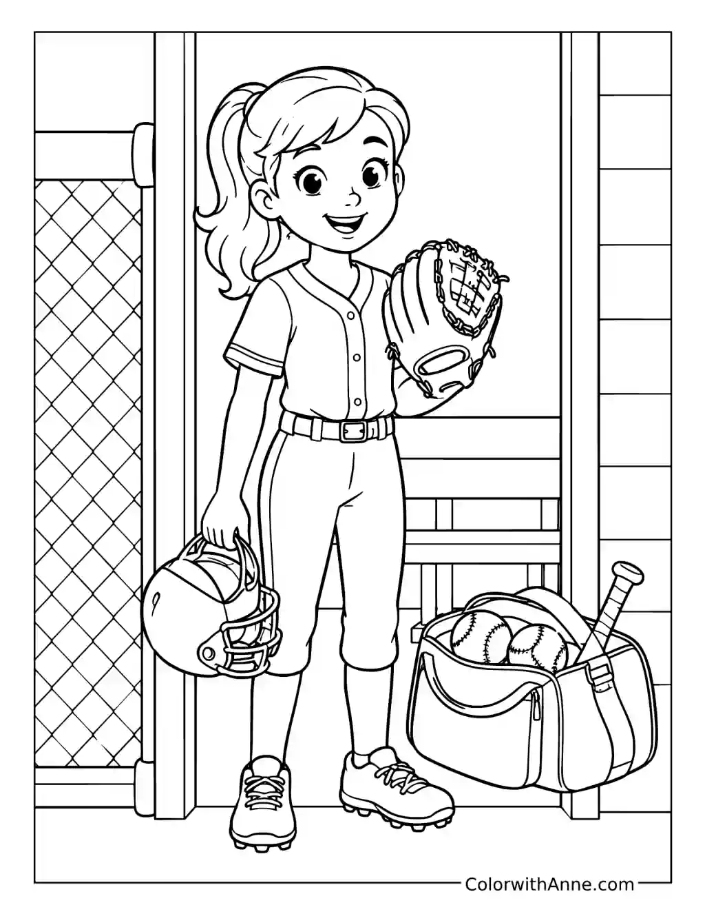 Cheerful Softball Player in the Dugout coloring page