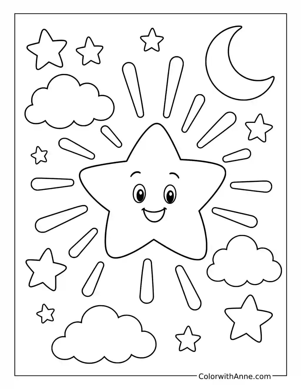 Cheerful Star Shining Among Clouds coloring page