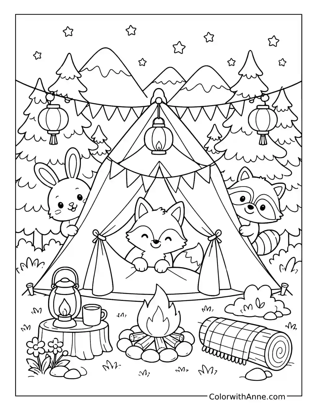 Cheerful Woodland Tent Party coloring page