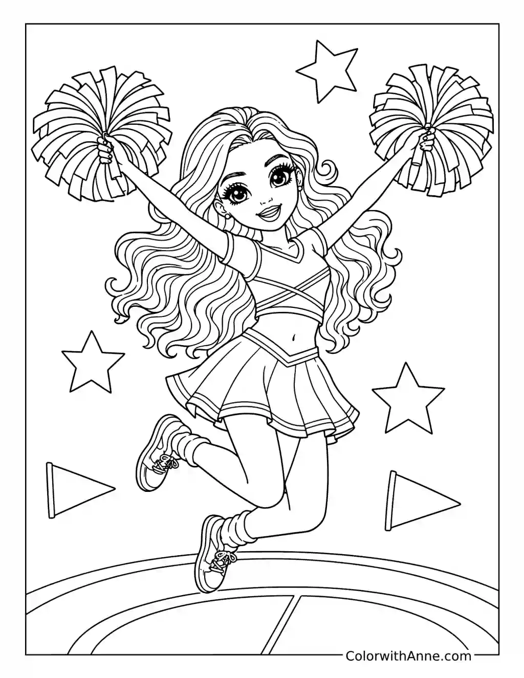 Cheerleader Leaping with Pom-Poms coloring page