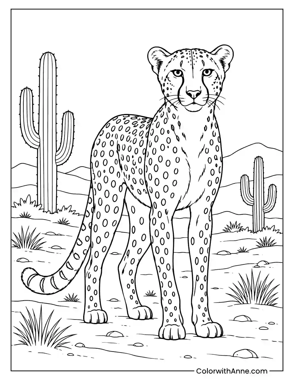 Cheetah in the Desert with a Cactus Coloring Page