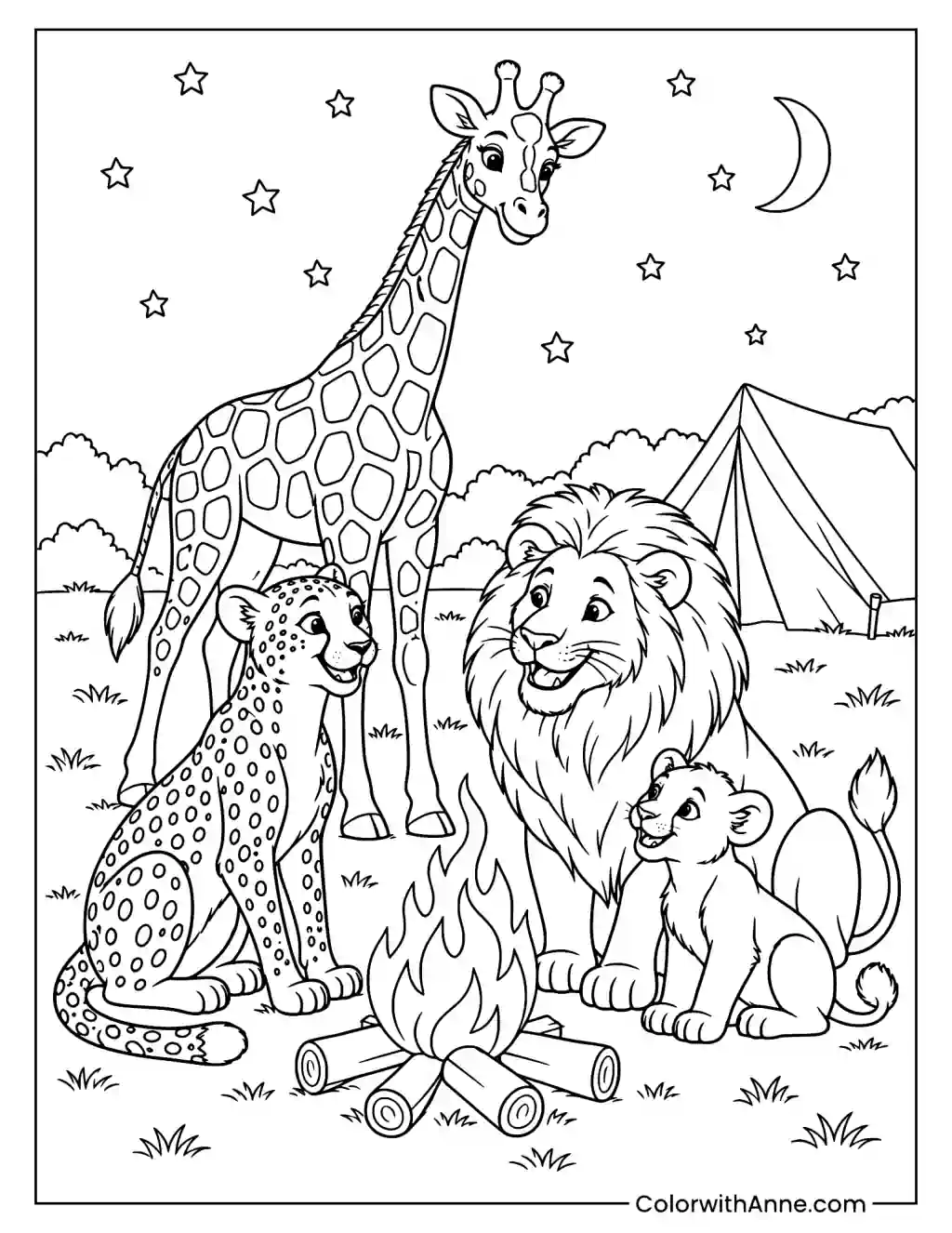 Cheetah, Lion, and Giraffe at a Campfire Coloring Page