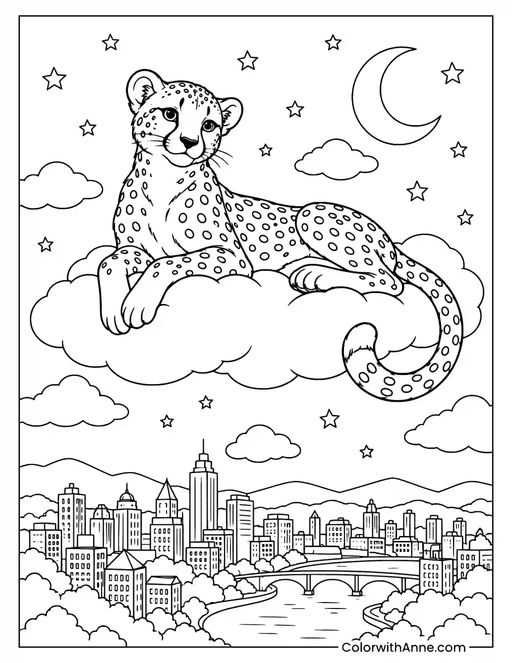 Cheetah Resting on a Cloud Above the City Coloring Page