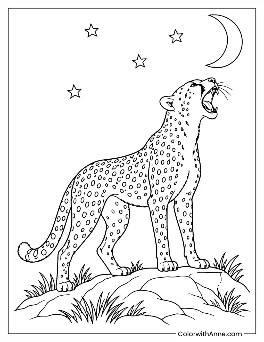 Cheetah Roaring at the Moon Coloring Page