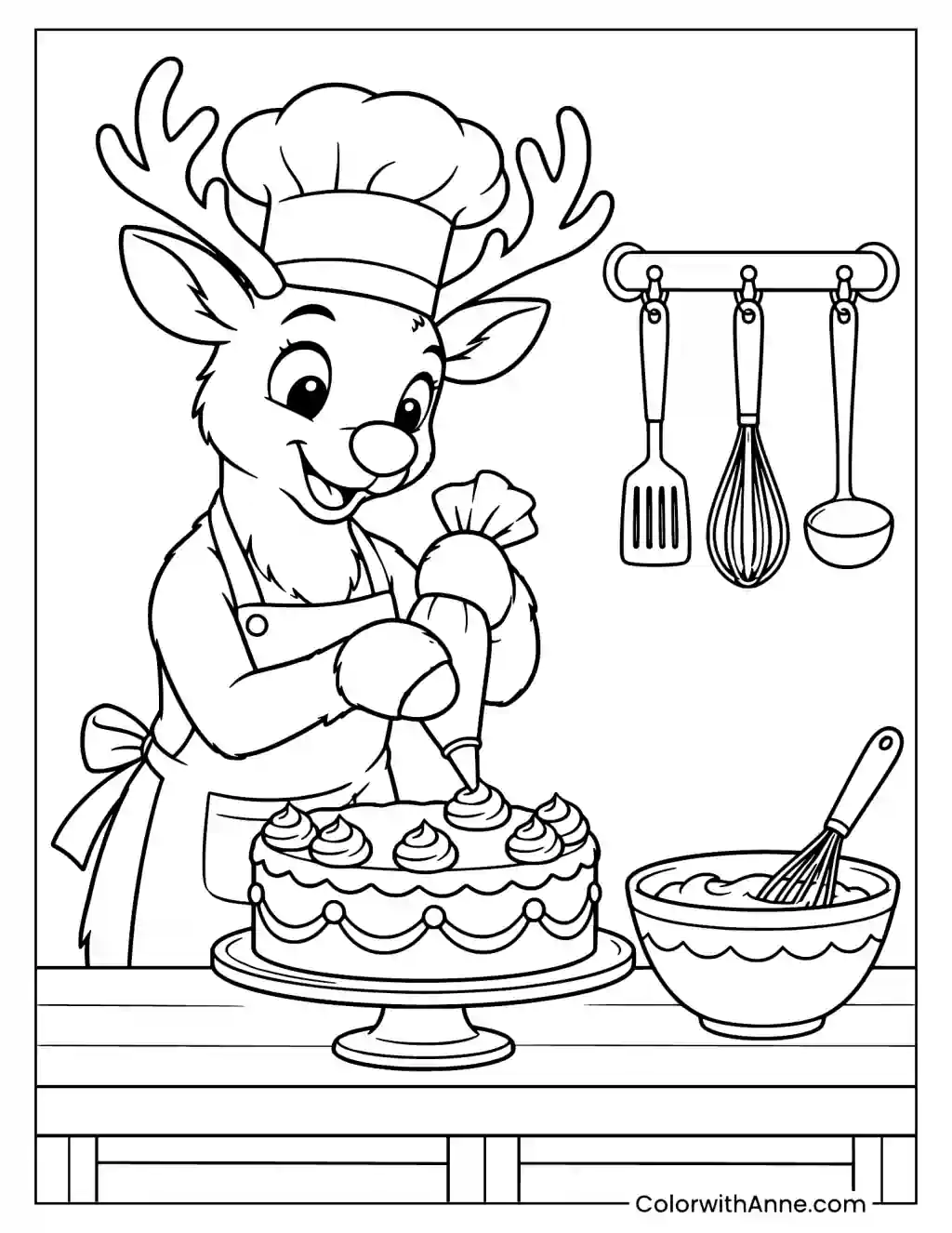 Chef Rudolph Decorating a Cake Coloring Page