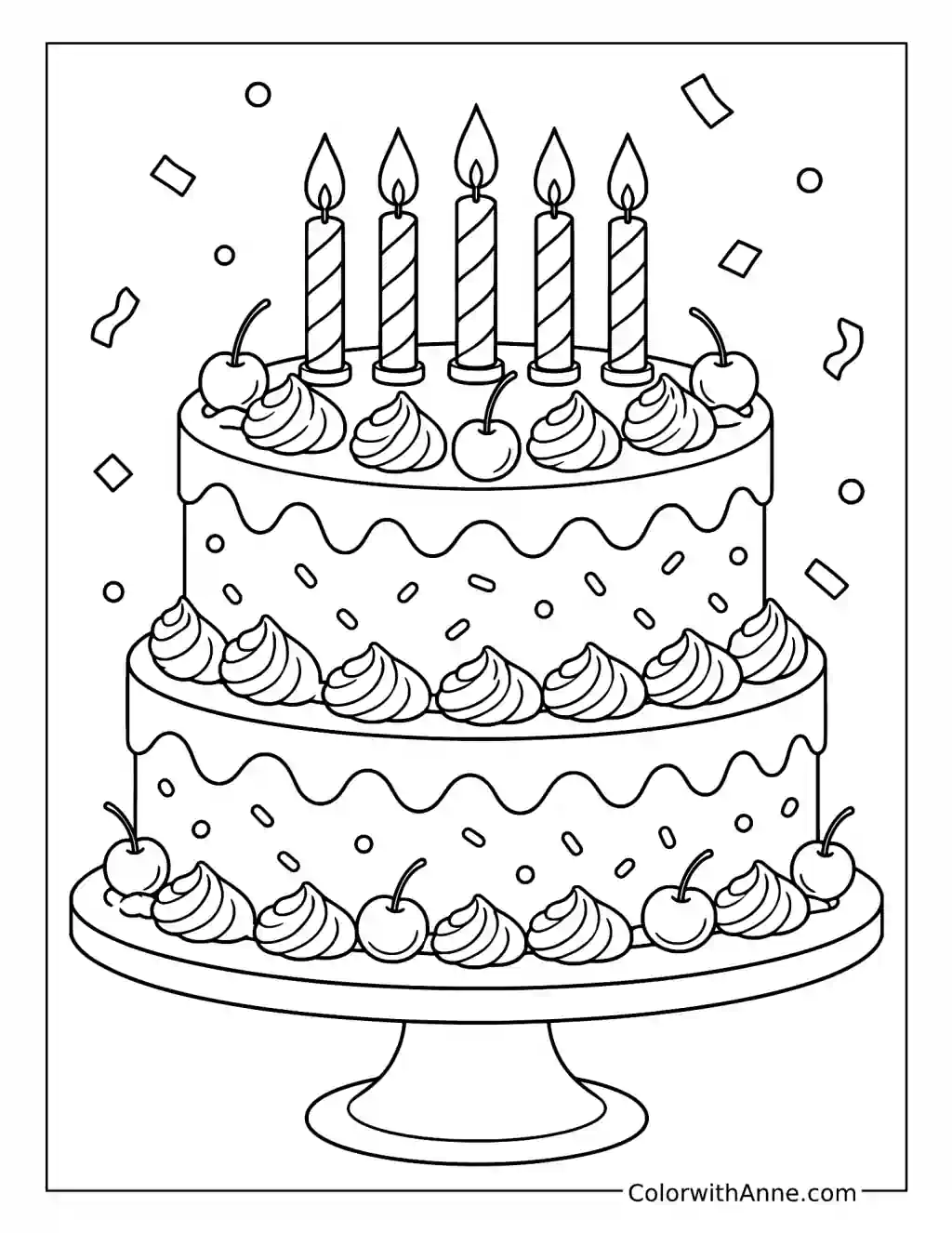 Cherry and Candles Two-Tier Birthday Cake coloring page
