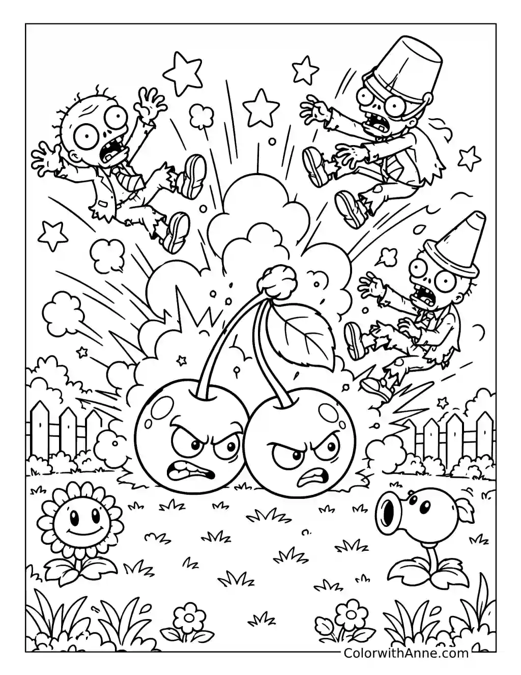 Cherry Bombs Knock Back Zombies coloring page