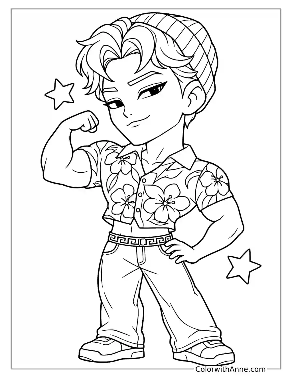 Coloring page of Chibi Abby Saja flexing one arm with his other hand on his hip beside floating stars