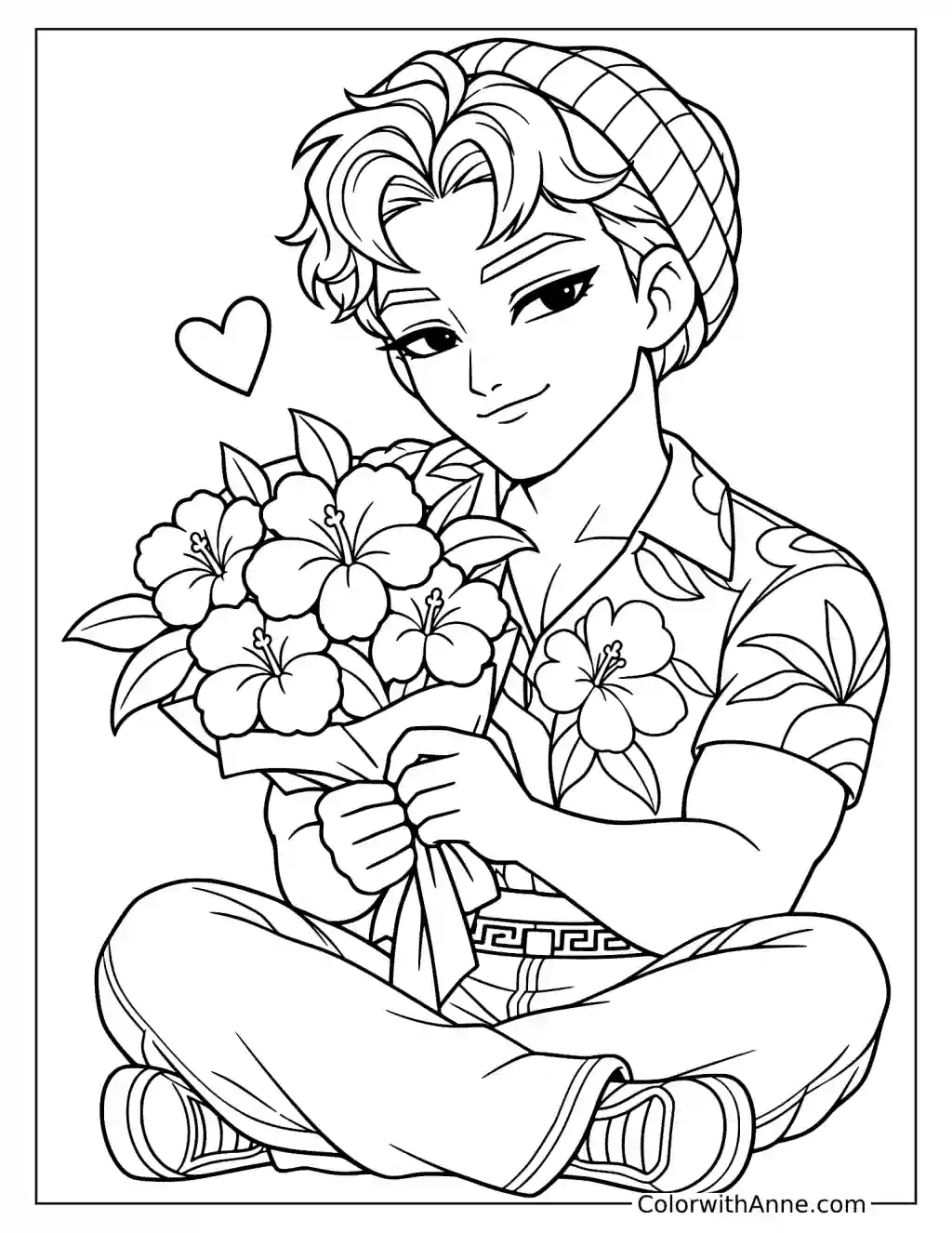 Coloring page of Chibi Abby Saja sitting cross-legged and holding a bouquet above his lap with both hands