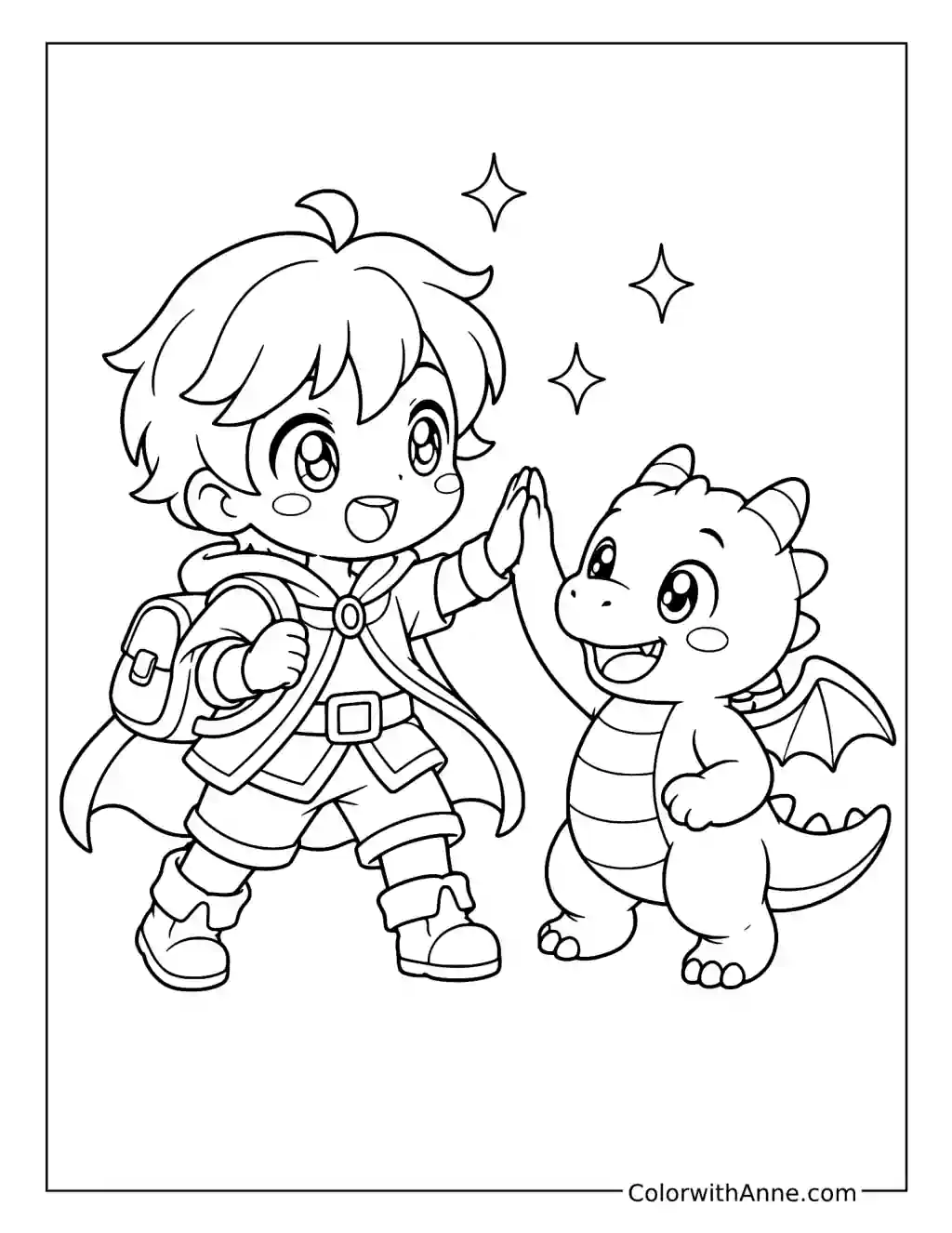 Chibi Adventurer High-Fiving a Baby Dragon coloring page